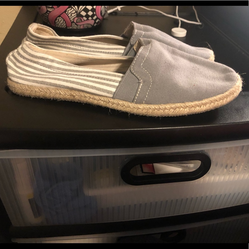Gray and white espadrille flats